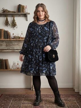 AdditionElle Black Floral Sheer Long-Sleeve Dress Whimsigoth Plus Size 3X